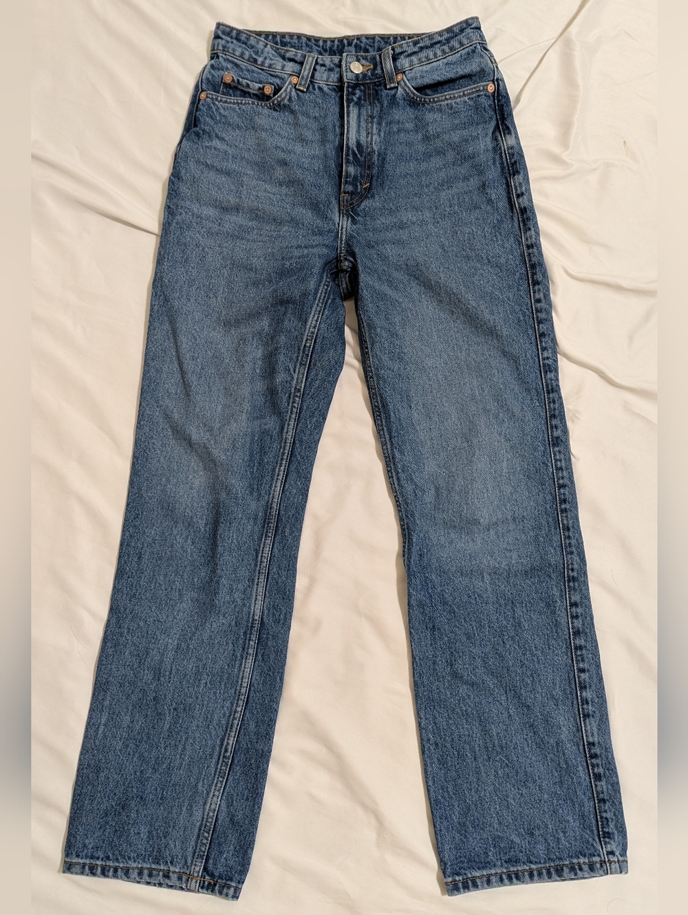 WEEKDAY ROWE SUPER HIGH WAISTED REGULAR STRAIGHT LEG JEANS, Color Blue Size 27 - Picture 2 of 12